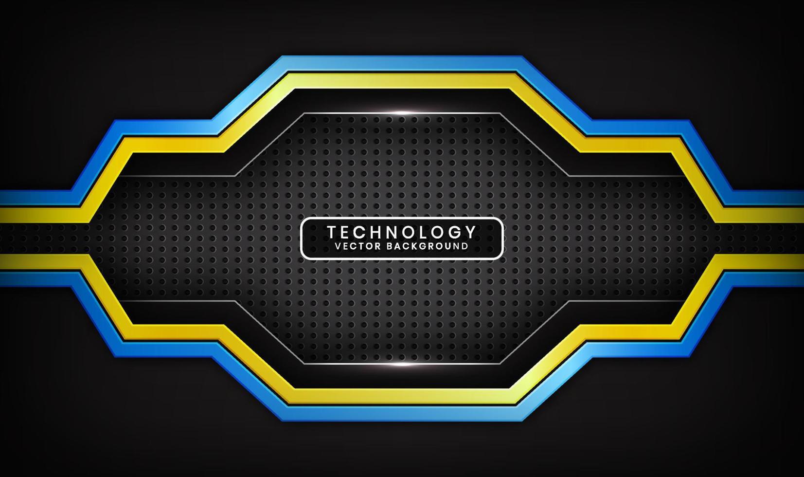 3D svart teknologi abstrakt bakgrund, överlappande lager på mörkt utrymme med blågula ränder effekt dekoration. modernt mallelement framtida stil för flygblad, kort, omslag, broschyr eller målsida vektor