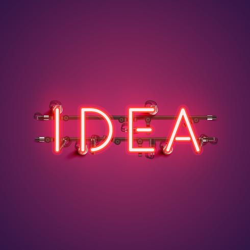 Neon realistiskt ord &quot;IDEA&quot; för reklam, vektor illustration