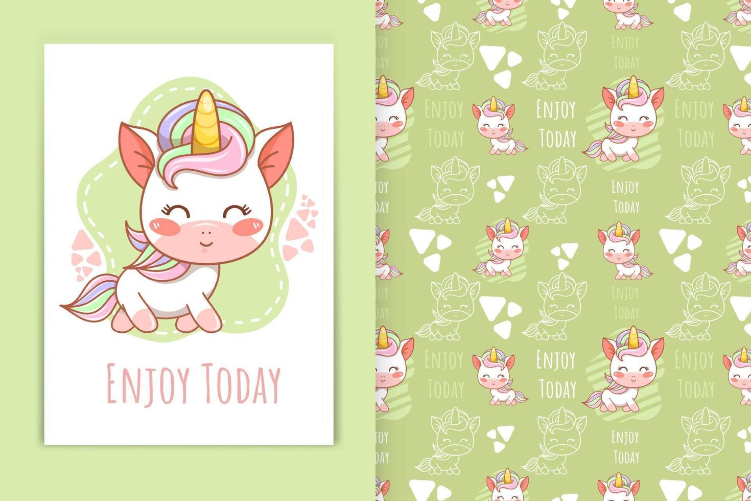 süßer Baby-Einhorn-Cartoon-Kawaii-Stil und nahtloses Musterset vektor