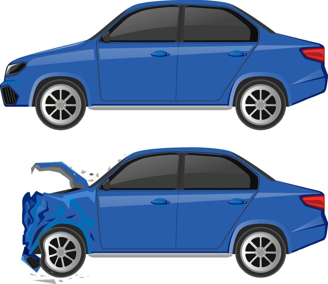 blå sedanbil och havererad bil på vit bakgrund vektor