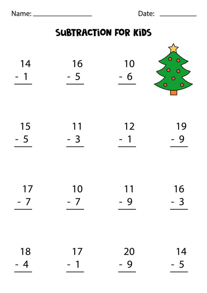 subtraktion med söt julgran. pedagogiskt matematikspel för barn. vektor