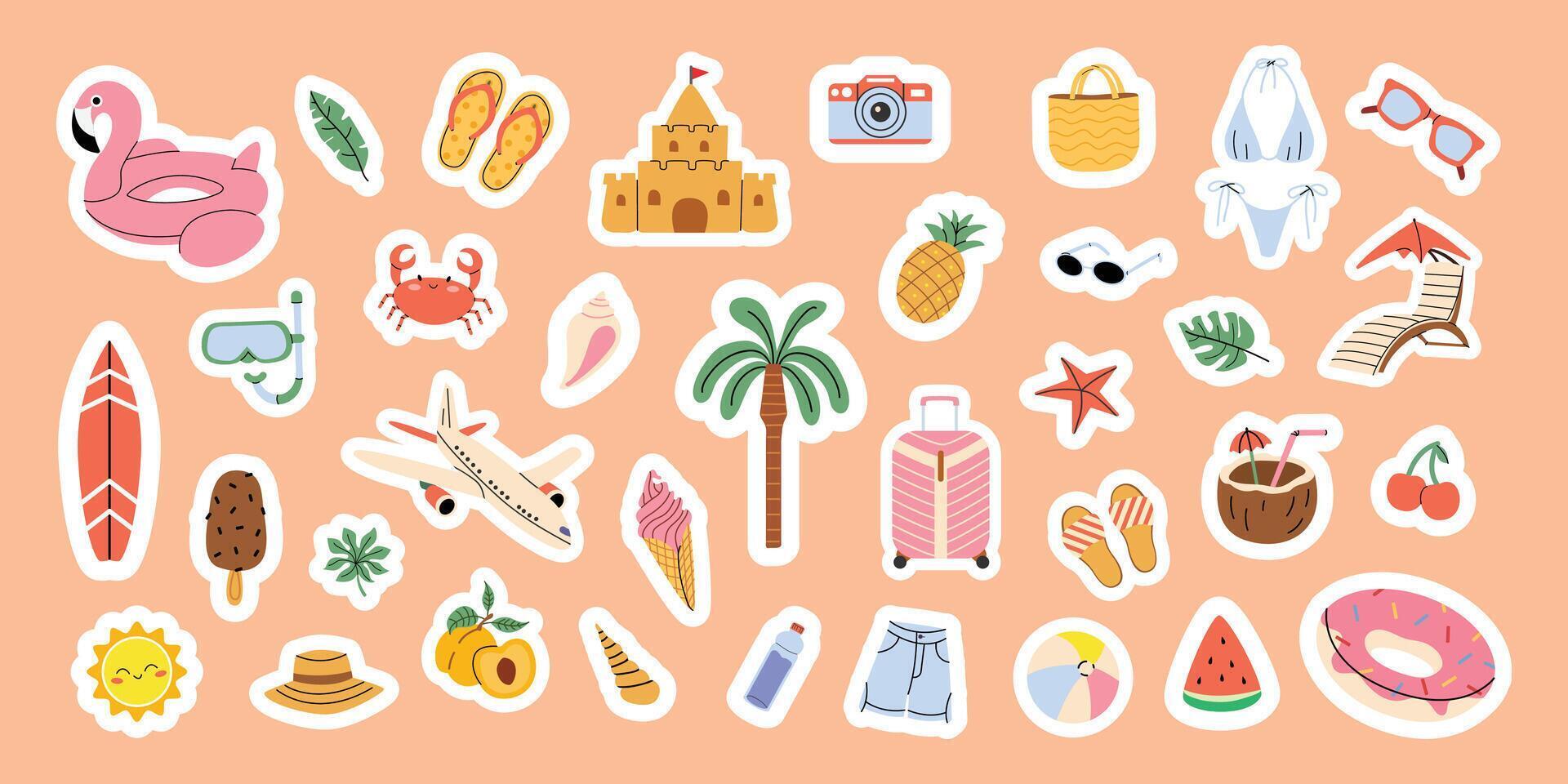 groß einstellen von Sommer- Aufkleber. Frucht, Palme Baum, Flamingo, Flip Flops, Koffer. Strand Zubehör, Tourismus. Elemente zum Scrapbooking. eben Illustration auf Pfirsich isoliert Hintergrund. vektor