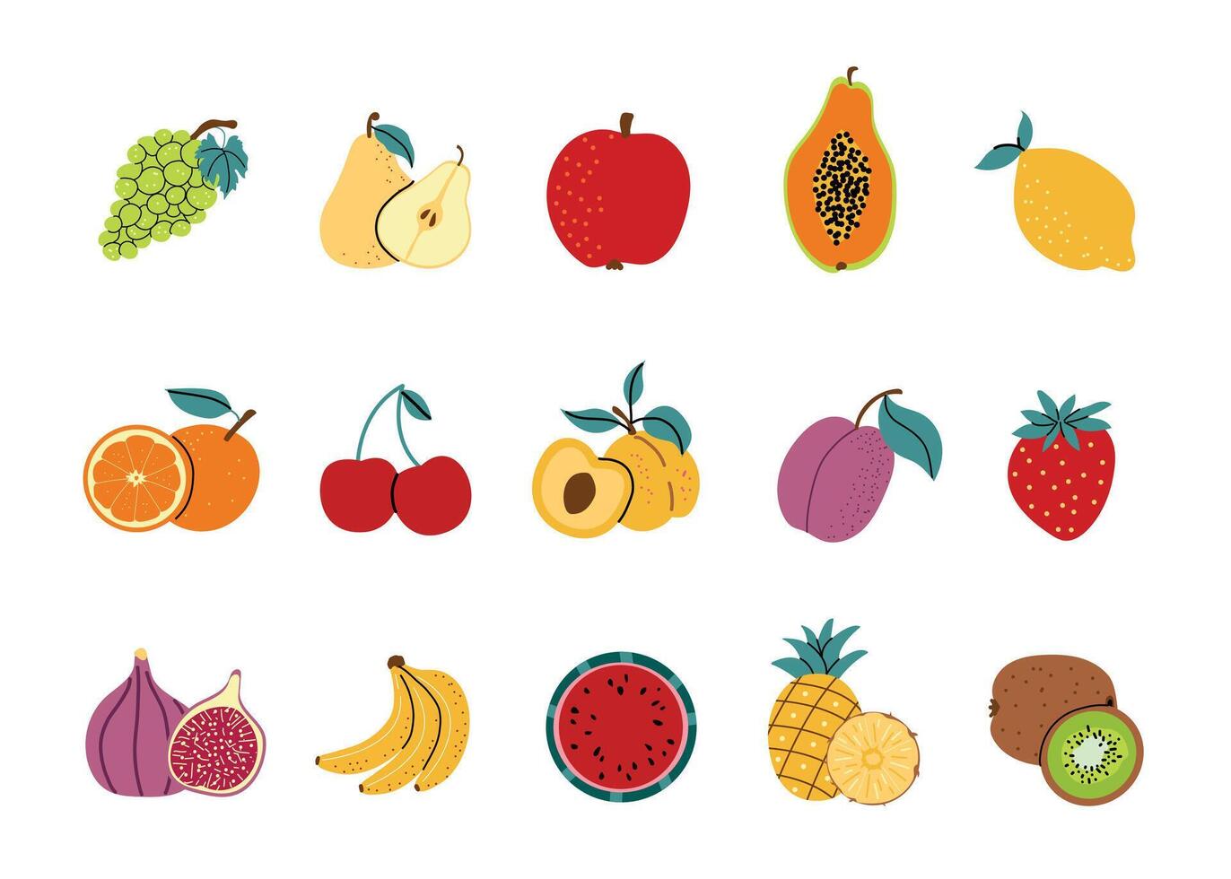 uppsättning av frukt ikoner i platt stil. druva, päron, papaya, ananas, kiwi. samling av frukter, friska mat. ritad för hand stil, isolerat vit bakgrund. vektor