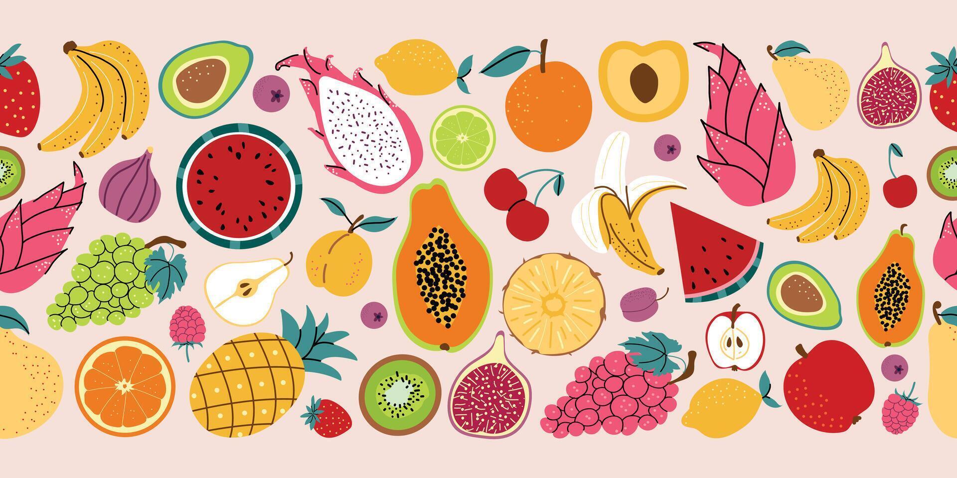 sömlös frukt bakgrund. stor samling av annorlunda frukt och bär. banan, kiwi, ananas, päron, citron, avokado. illustration. horisontell baner med isolerat bakgrund. vektor