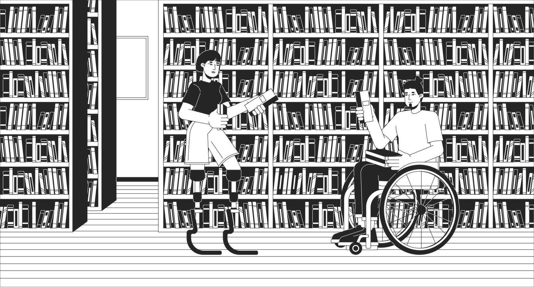 Inaktiverad vänner gående till bibliotek svart och vit linje illustration. kvinna med protes- ben och rullstolsburna man 2d tecken svartvit bakgrund. inkludering översikt scen bild vektor