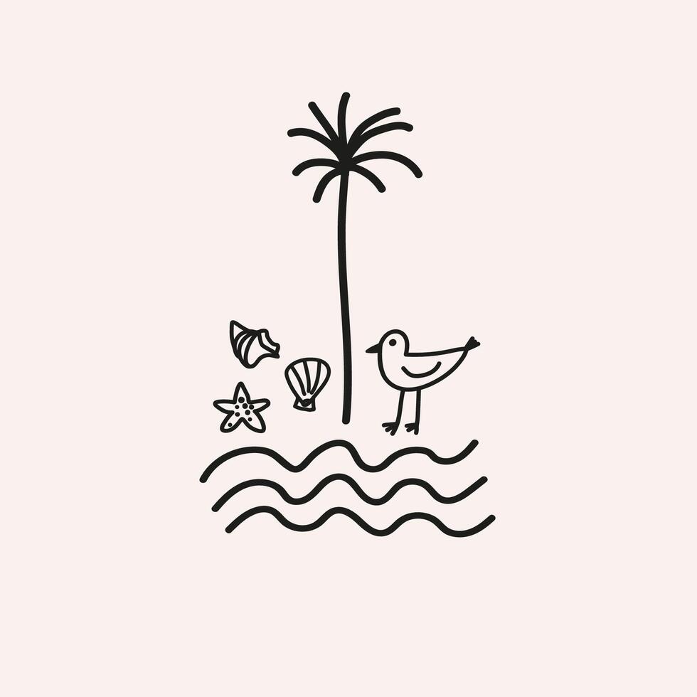 Palme Bäume, Möwe, Muscheln Karte Boho Design. linear skizzieren im minimal Stil Marine Motiv. Vorlage zum Logo, Vorlagen im modisch Bohemien minimalistisch Stil. abstrakt Zeichen, Design Karte vektor