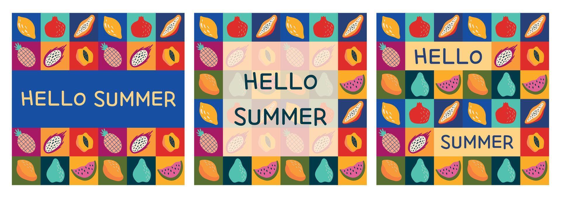 Hallo Sommer- Karten Satz. nahtlos geometrisch Obst Muster und Text. Illustration zum Sommer- Design vektor