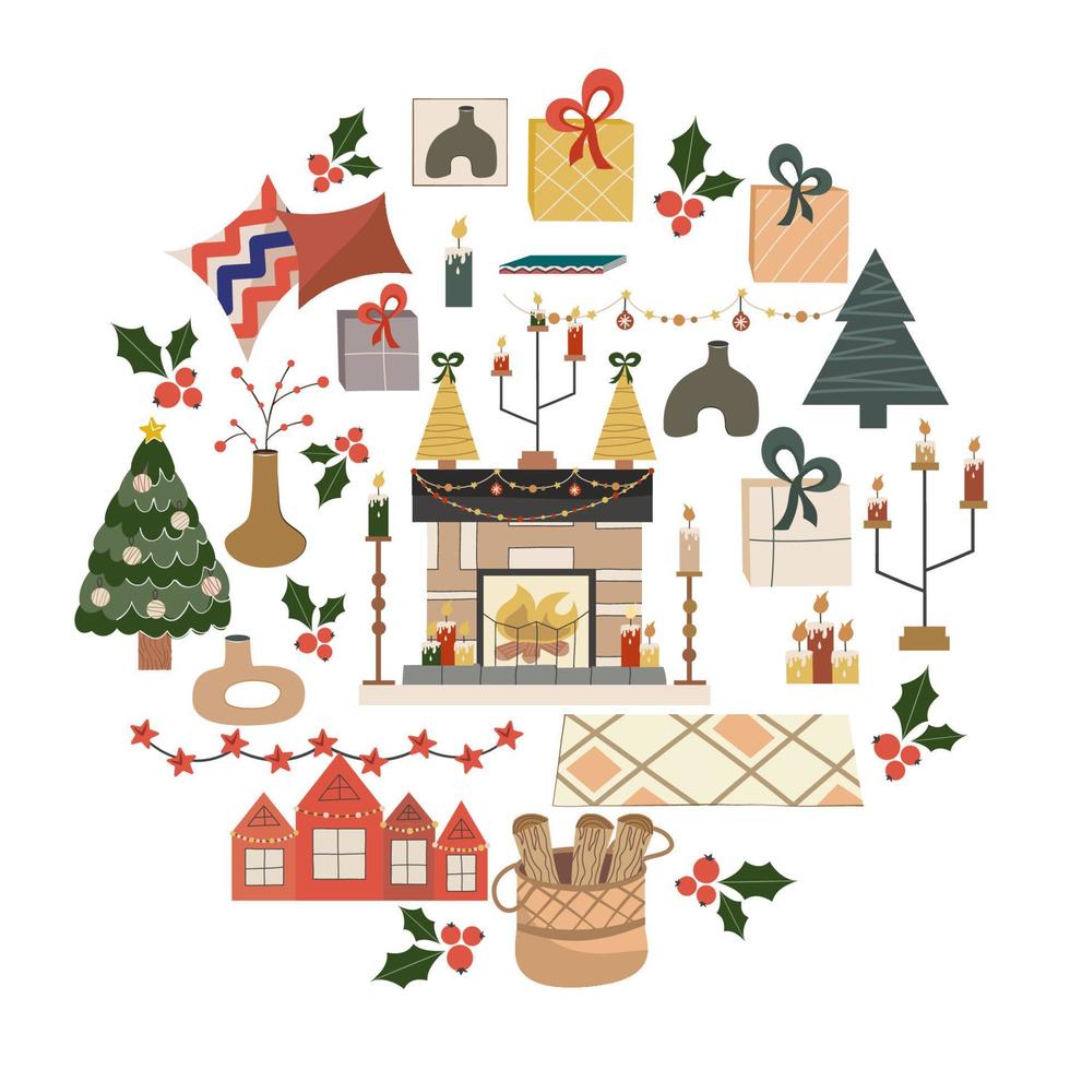 Weihnachten Rundschreiben Design isoliert auf weißem Hintergrund, Kamin mit Feuer in der center.fireplace mit Geschenken, Kerzen und Girlande. Vektorillustration für Postkarten- oder Feiertagsdekor. vektor