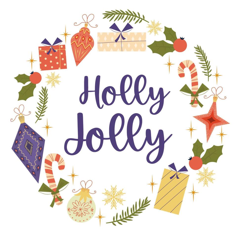 jul rund vintage design med holly jolly text isolerad på vit background.retro färger för dekorationer, ballonger, presenter. sammansättning av ett runt omslag med snöflingor i platt stil. vektor