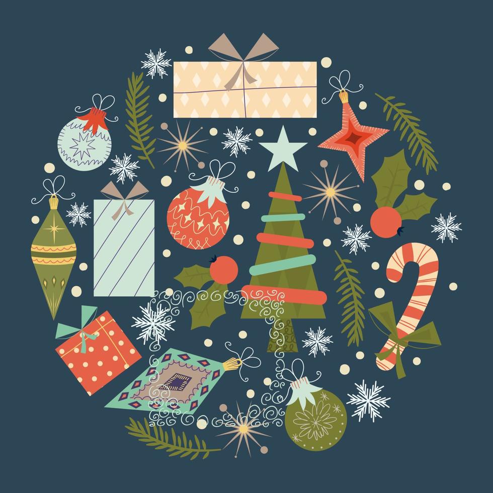 Weihnachten rundes Vintage-Design auf dunklem Hintergrund isoliert. Retro-Farben für Weihnachtsschmuck, Bälle, Bäume, Geschenke. runde deckenzusammensetzung mit schneeflocken im flachen stil. Vektor-Illustration vektor