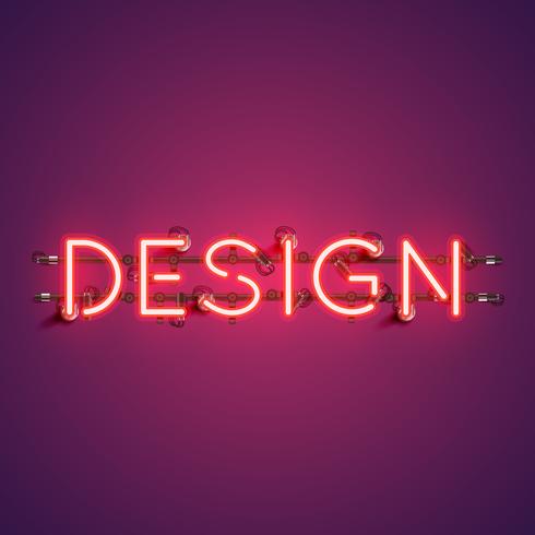 Neon realistiskt ord &quot;DESIGN&quot; för reklam, vektor illustration