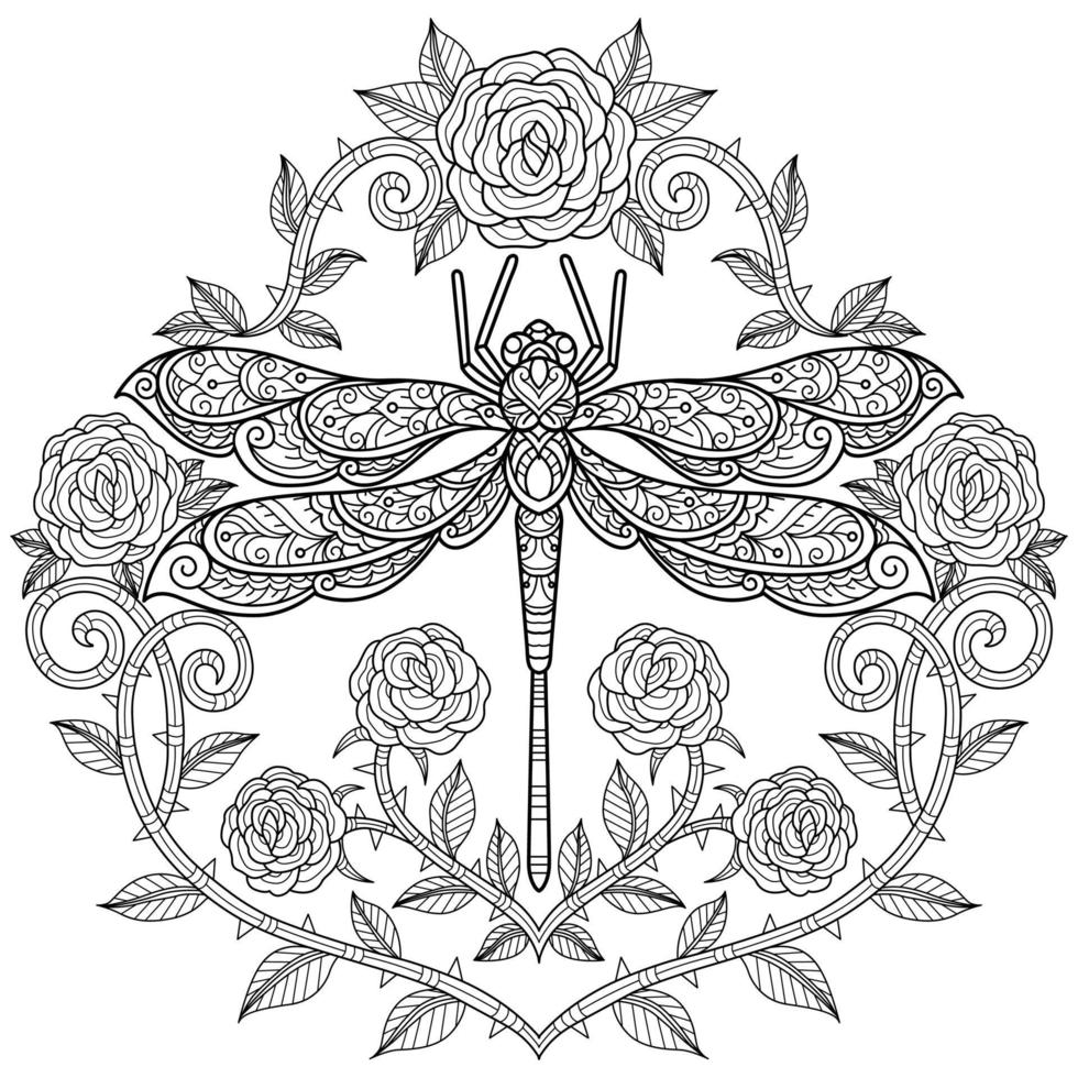 Libelle und Rosenherz handgezeichnet für Malbuch für Erwachsene vektor