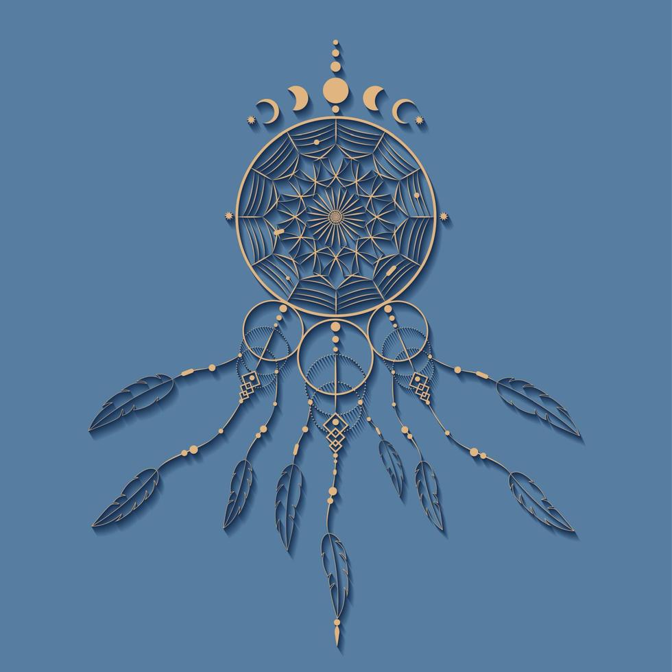 detaillierter Traumfänger mit Mandala-Ornament und Mondphasen. Gold mystisches Symbol, ethnische Kunst mit indianischen Boho-Design, Vektor isoliert auf altem blauem Hintergrund