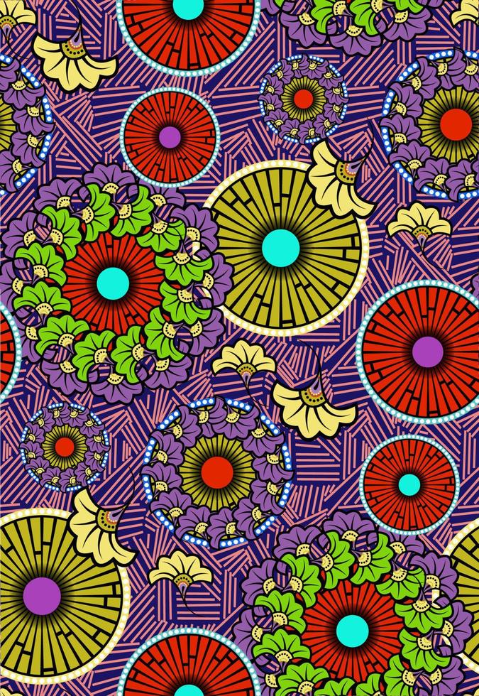 sömlöst tyg med afrikanskt vaxtryck, etnisk handgjord prydnadsmodedesign, afro-etniska blommor och stammotiv geometriska element. vektor färgglada konsistens, afrika textil ankara stil bakgrund