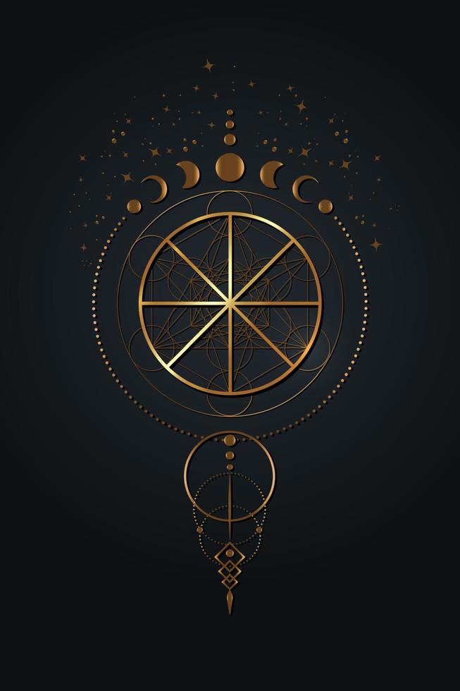 Traumfänger mit Mondphasen. Spirit Symbol Wicca Alchemie-Symbol, goldene heilige Geometrie, magisches Logo-Design des spirituellen Zeichens, Boho-Stil. Vektor-Gold-Mandala auf schwarzem Hintergrund isoliert vektor