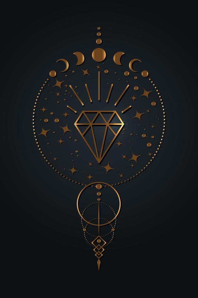 mystischer Traumfänger mit Kristalldiamant und magischen Weltraumsternen, Mondphasensymbol Wicca-Alchemie-Symbol, goldene heilige Geometrie, Logo-Design des spirituellen Zeichens, Boho-Stil. Vektor isoliert auf schwarz