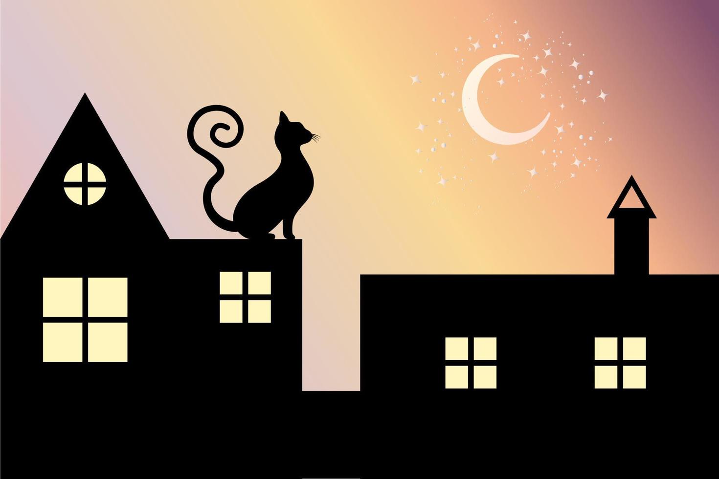 Schwarze Katze mit lockigem Schwanz sitzt nachts auf dem Dach und sieht Mond und Sterne an, Vektorsilhouette einzeln auf Sonnenuntergang mit Farbverlauf vektor
