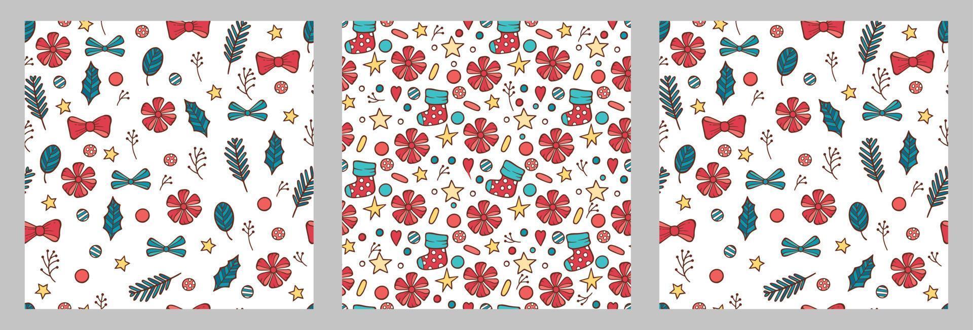 uppsättning jul färgglada blomma gren seamless mönster. vektor illustration för din semester design med färgglada mönster. gran juldekoration med stjärnor, strumpor, rosett, bollar