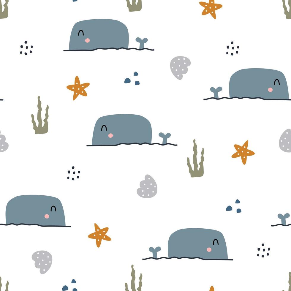 Blauwal nahtlose Muster für Kinder Meerestier Hintergrund handgezeichnetes Design im Cartoon-Stil. verwendet für Textilien, Drucke, Tapeten, Vektorillustrationen vektor