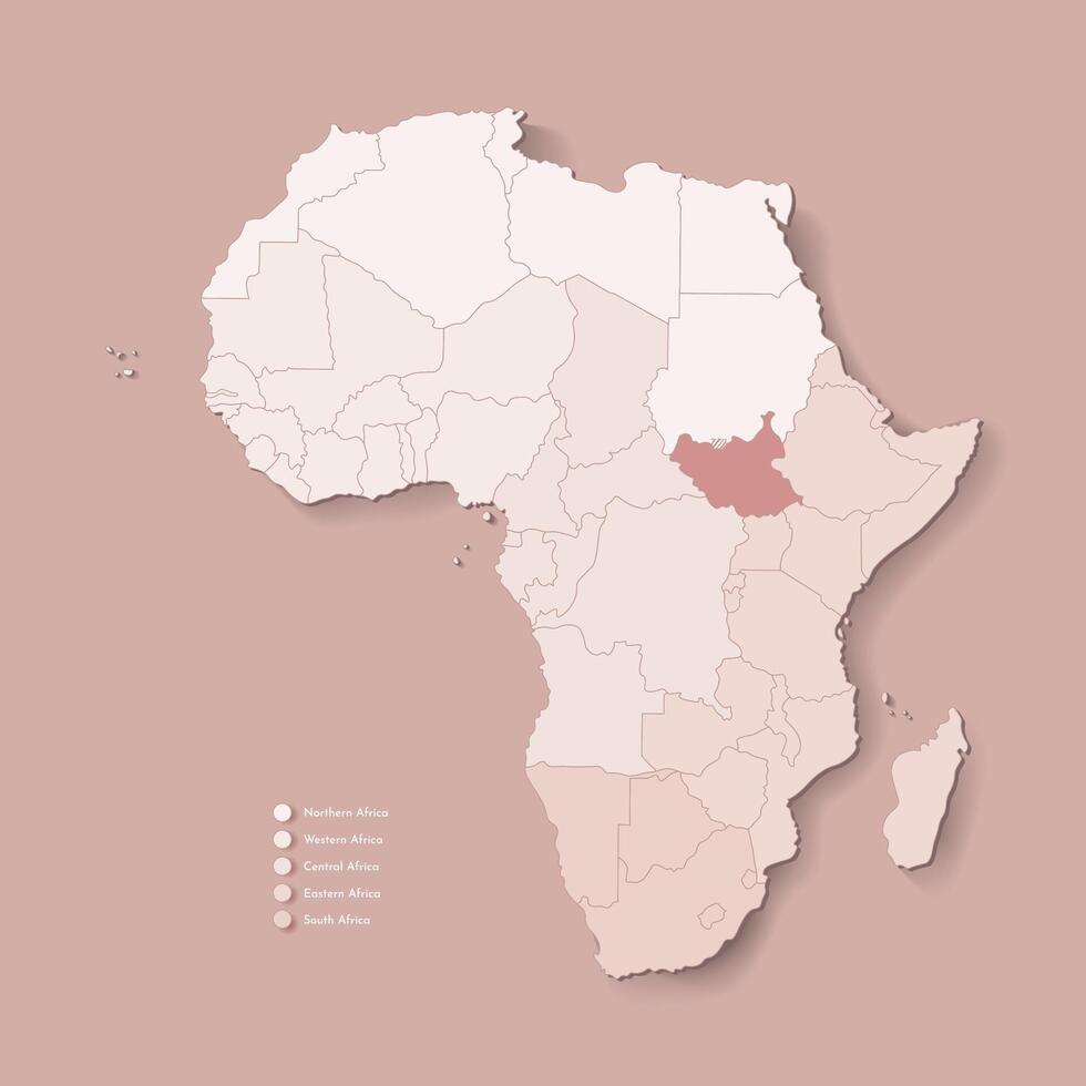 Illustration mit afrikanisch Kontinent mit Grenzen von alle Zustände und markiert Land Süd Sudan. politisch Karte im braun Farben mit Western, Süd und usw Regionen. Beige Hintergrund vektor