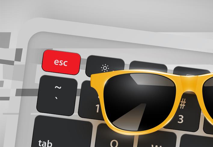 Hoch-ausführliche realistische Sonnenbrille auf Schreibtisch mit Tastatur, Vektorillustration vektor