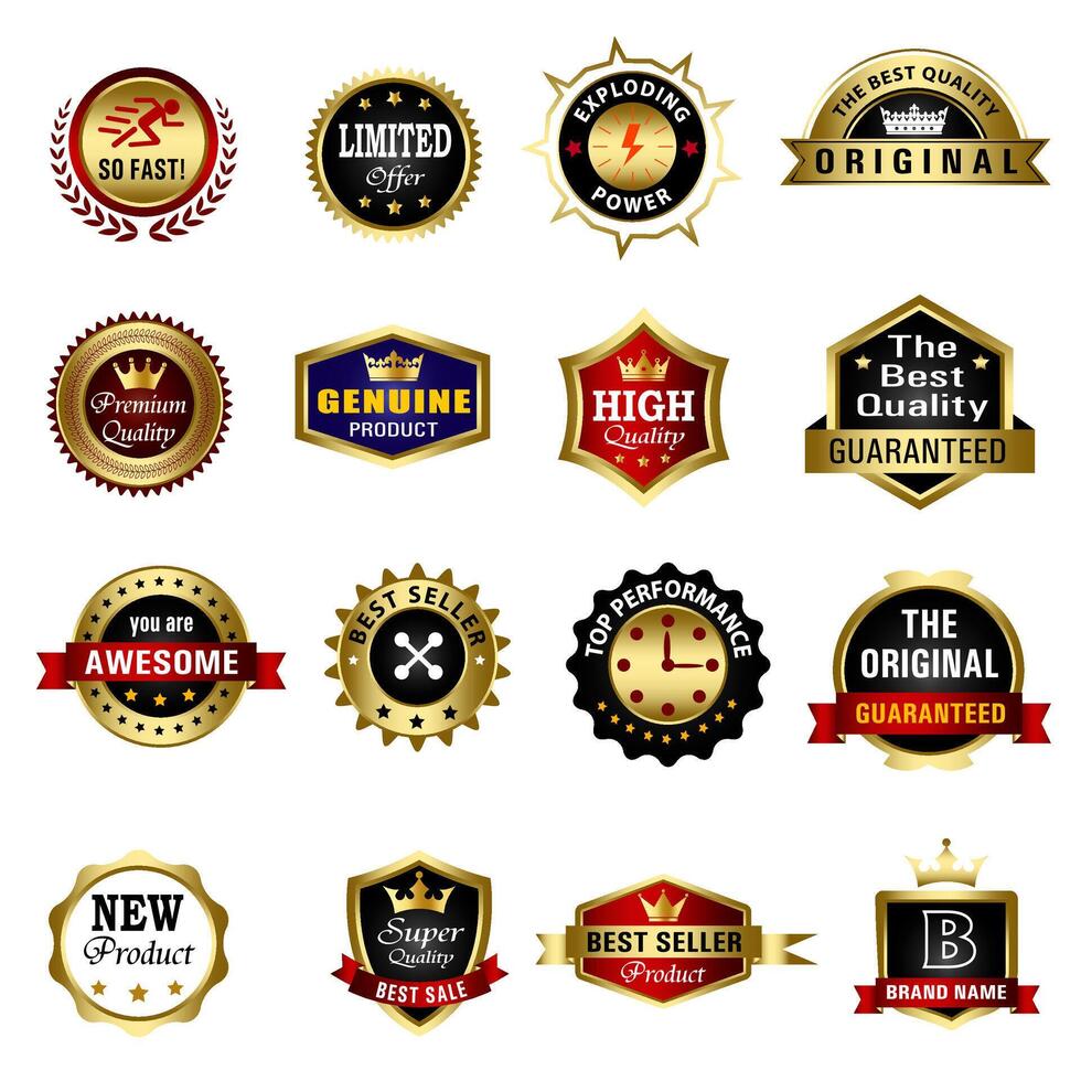 einstellen von Qualität Abzeichen und Etiketten Design Elemente. golden Abzeichen Etiketten und Lorbeer retro Jahrgang Sammlung. Emblem Prämie Luxus Logo im retro Stil Vorlage Abzeichen Sammlung. vektor