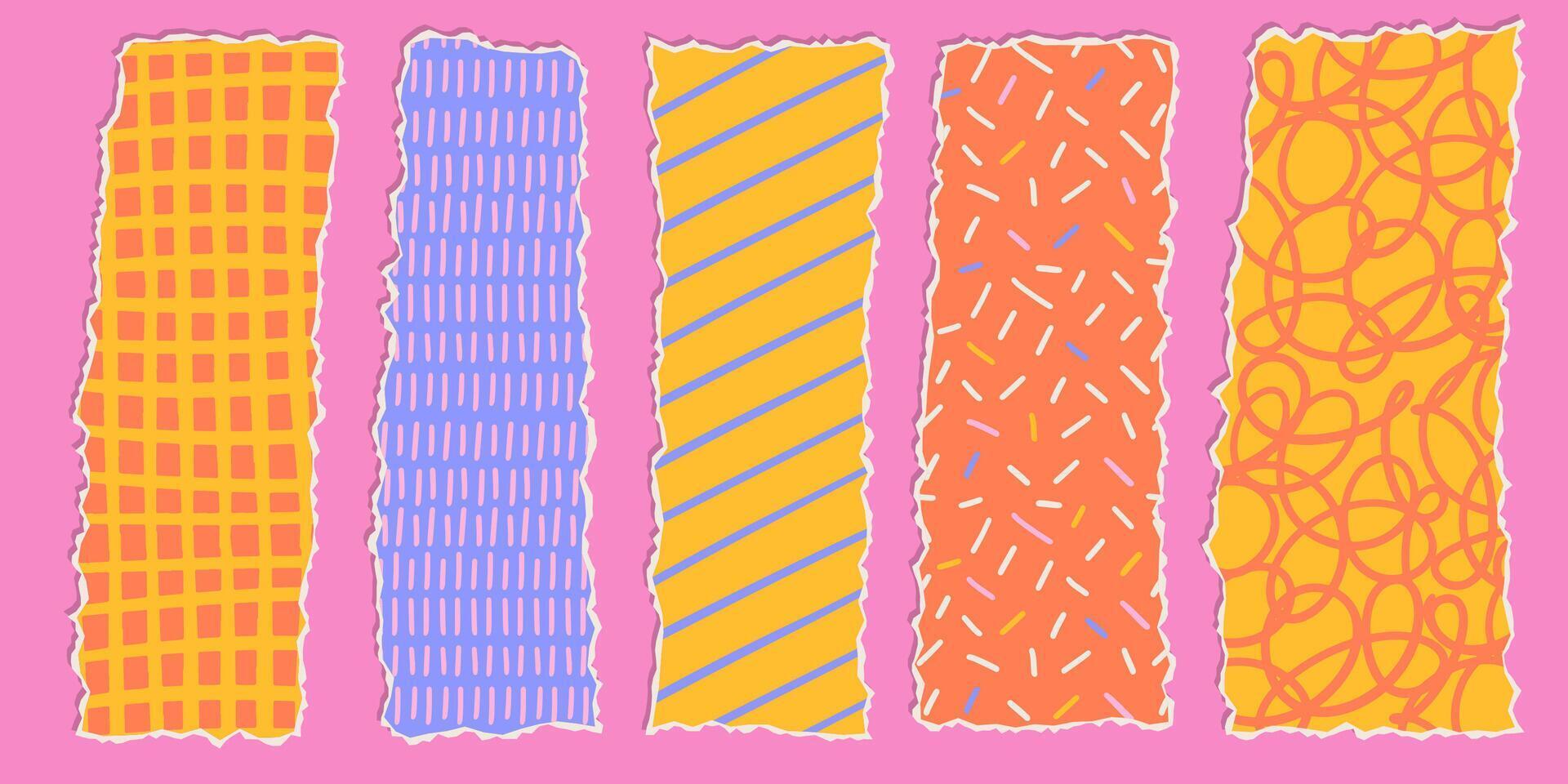 Vertikale Streifen von Papier Formen einstellen im groovig kindisch Stil mit Jahrgang hell Farben und einfach Muster. modisch abstrakt Komposition, Design Vorlage zum Sozial Medien. modisch Illustration vektor