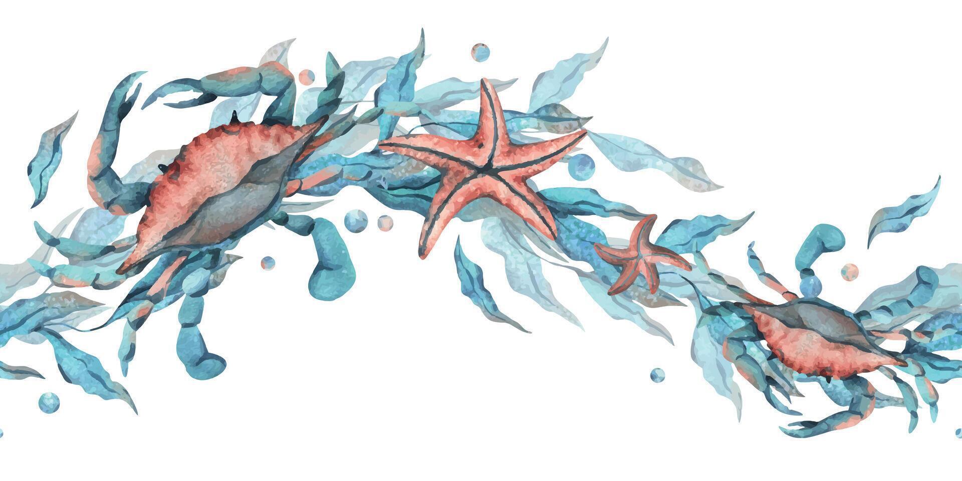 blå krabbor, vågformad tång med sjöstjärna och vatten bubblor. vattenfärg illustration hand dragen i turkos och korall färger. sömlös gräns, mönster isolerat från bakgrund vektor