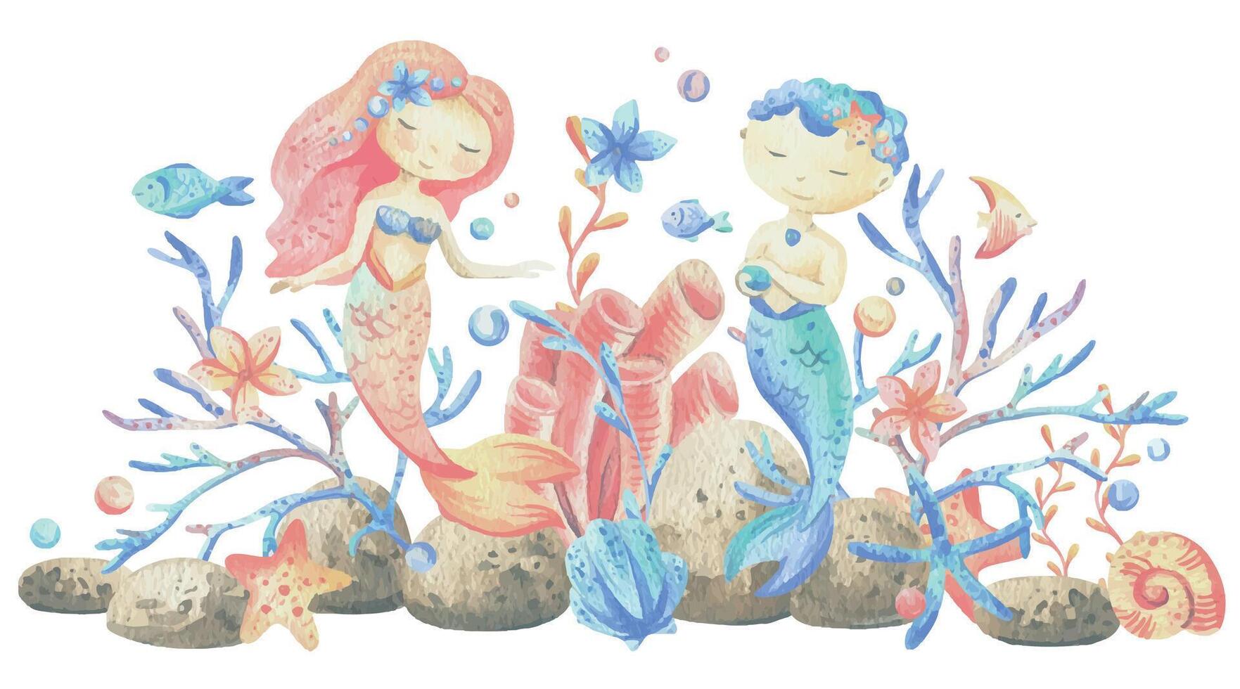 Meerjungfrau wenig Junge und Mädchen mit Meer Korallen, Algen, Muscheln, Seestern, Fisch, Blasen. Aquarell Illustration Hand gezeichnet im Koralle, Türkis und Blau Farben. Komposition isoliert von das Hintergrund. vektor