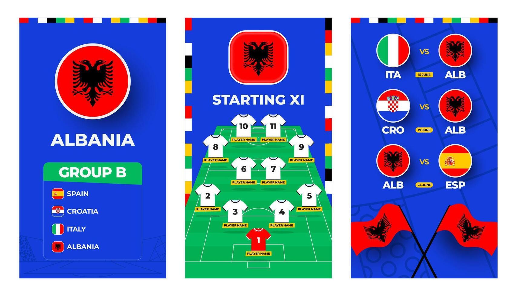 Albanien Mannschaft Fußball 2024 Vertikale Banner einstellen zum Sozial Medien. Fußball 2024 Banner einstellen mit Gruppe, Stift Flagge, Spiel Zeitplan und ausrichten auf Fußball Feld vektor