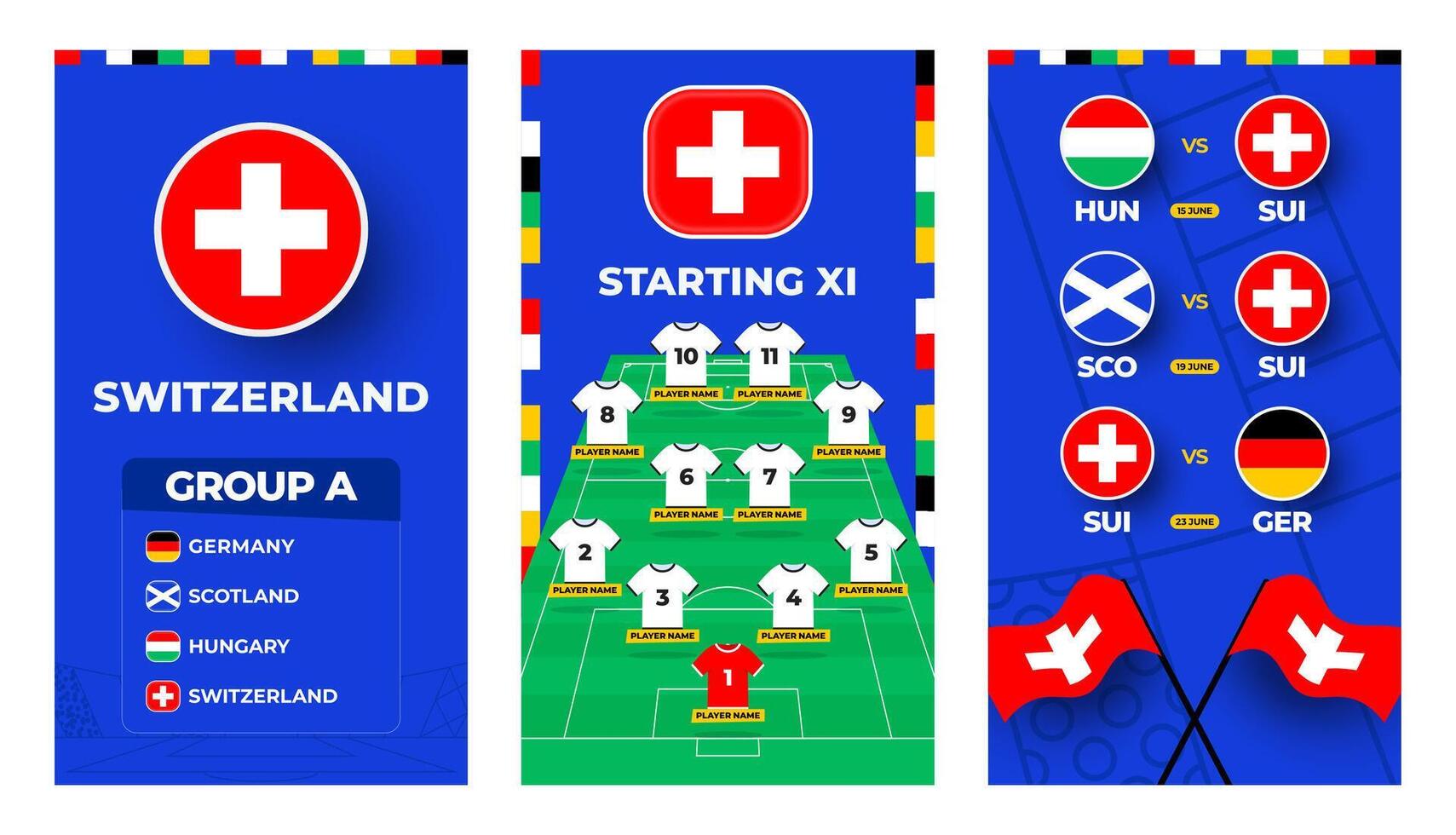 Schweiz Mannschaft Fußball 2024 Vertikale Banner einstellen zum Sozial Medien. Fußball 2024 Banner einstellen mit Gruppe, Stift Flagge, Spiel Zeitplan und ausrichten auf Fußball Feld vektor