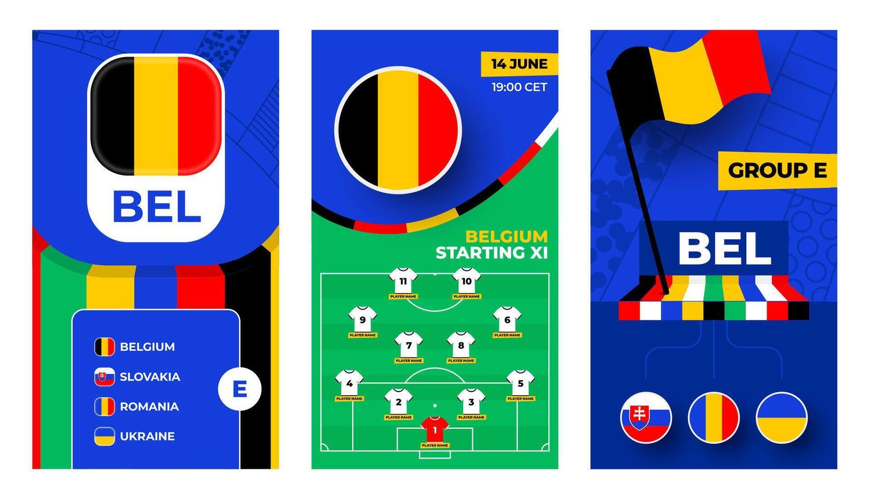 Belgien Fußball Mannschaft 2024 Vertikale Banner einstellen zum Sozial Medien. Fußball 2024 Banner mit Gruppe, Stift Flagge, Spiel Zeitplan und ausrichten auf Fußball Feld vektor