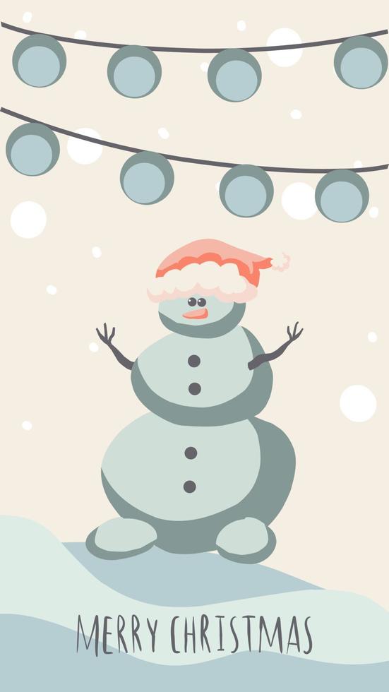 Weihnachtsgrußkarte süßer handgezeichneter Stil und trendige passende Pastellfarben. Weihnachtsbaum und Schneemann mit Geschenkbox auf Schneewehe mit Girlande und Schneeflocken vektor
