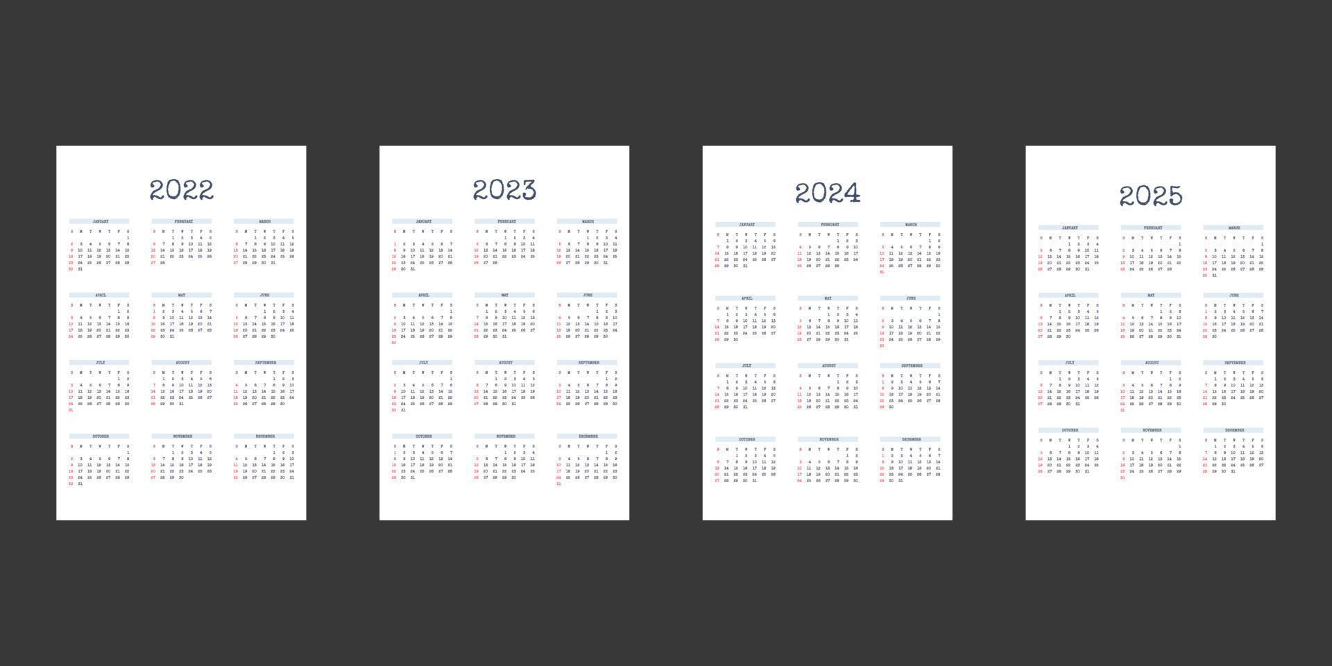 2022 2023 2024 2025 Kalendervorlage im klassischen strengen Stil mit typgeschriebener Schriftart. monatskalender individueller zeitplan minimalismus zurückhaltendes design für business notebook. Woche beginnt am Sonntag vektor