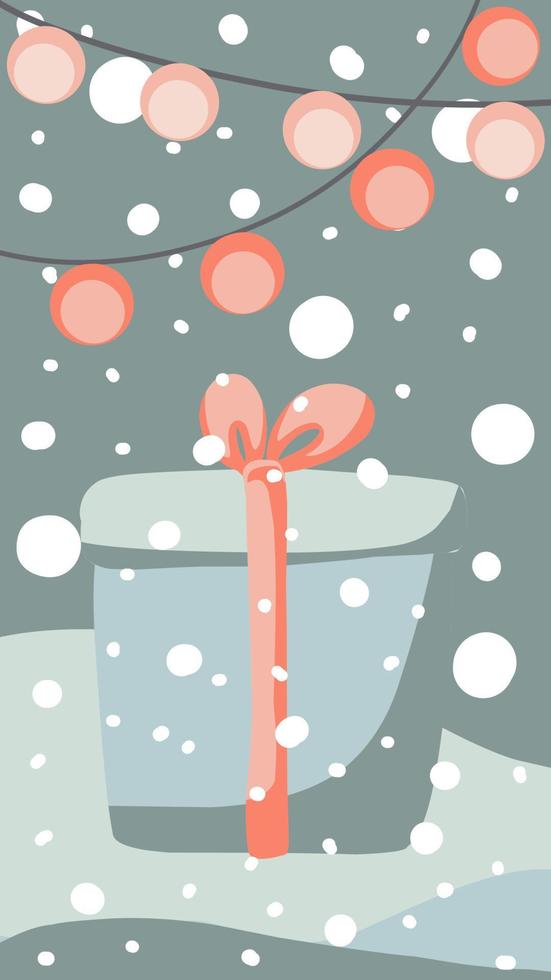 julhälsningskort söt handritad stil och trendiga matchande pastellfärger. julgran och snögubbe med presentförpackning på snödriva med krans och snöflingor vektor