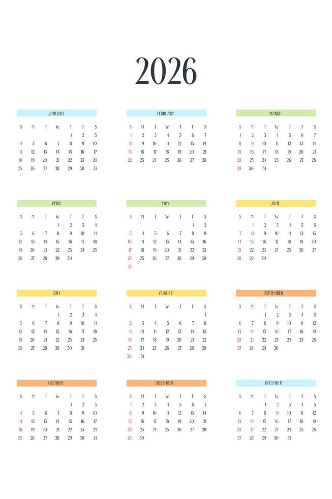 Kalendervorlage 2026 im klassischen strengen Stil mit mehrfarbigen Elementen. monatskalender individueller zeitplan minimalismus zurückhaltendes design für business notebook. Woche beginnt am Sonntag vektor