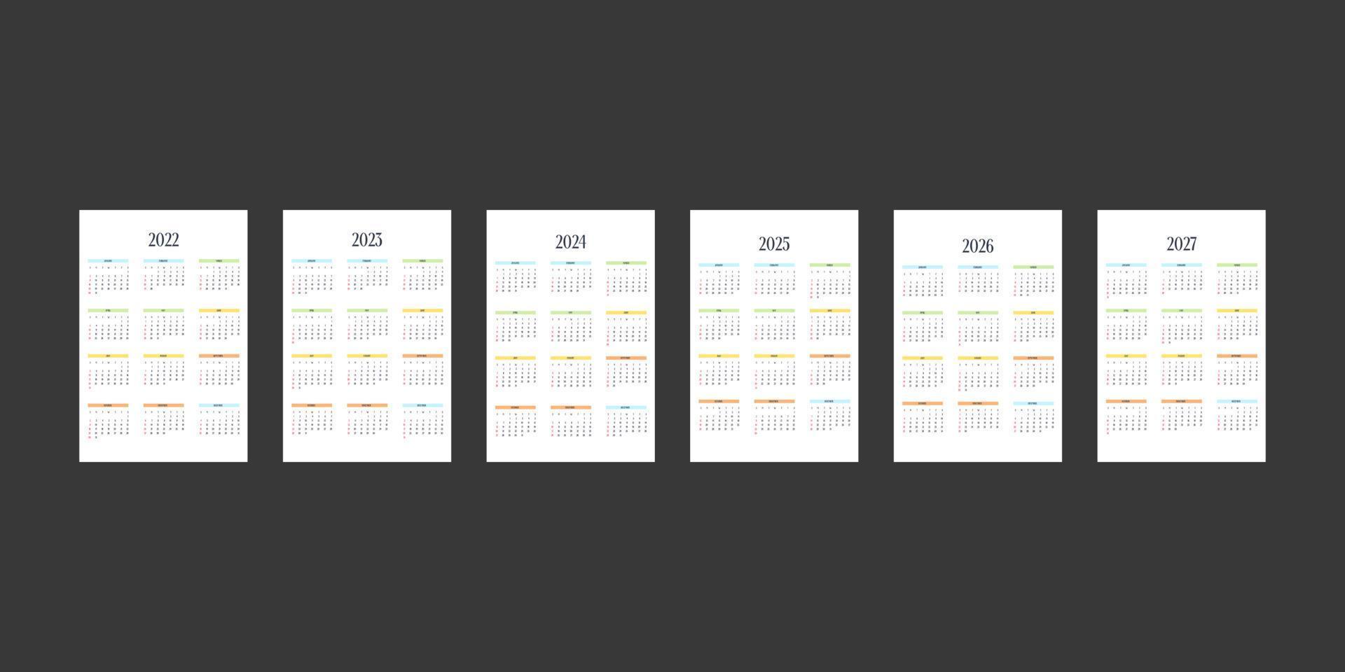 2022 2023 2024 2025 2026 2027 Kalendervorlage im klassischen, strengen Stil mit Typschrift. Monatskalender individueller Zeitplan Minimalismus zurückhaltendes Design vektor