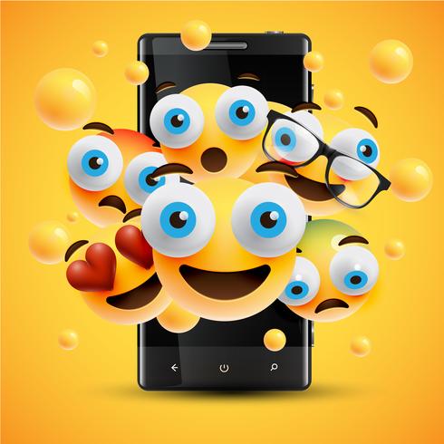 Realistische glückliche gelbe Emoticons vor einem Mobiltelefon, Vektorillustration vektor