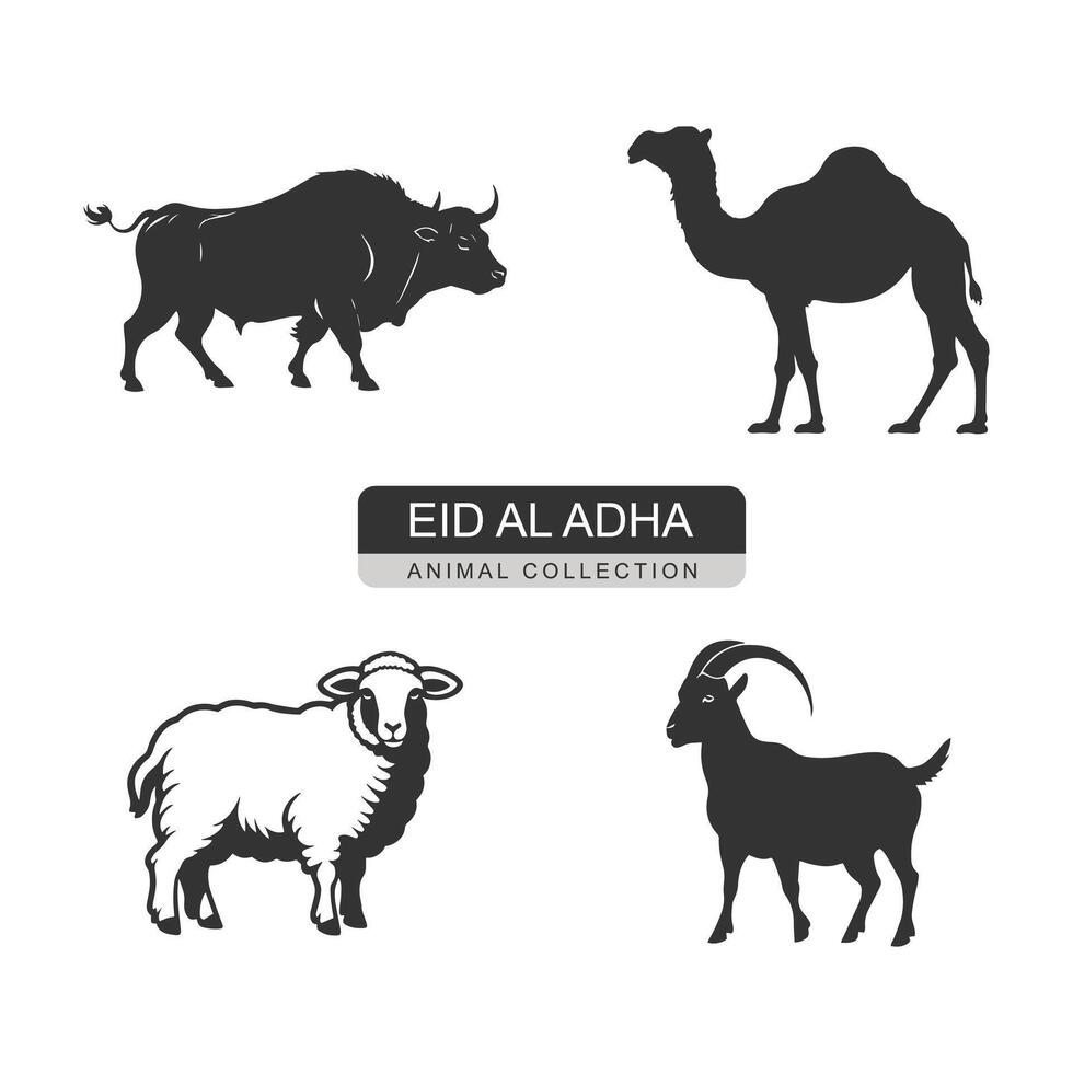 logotyp av en eid al Adha djur- samling kamel buffel får och get ikon silhuett design på vit bakgrund vektor