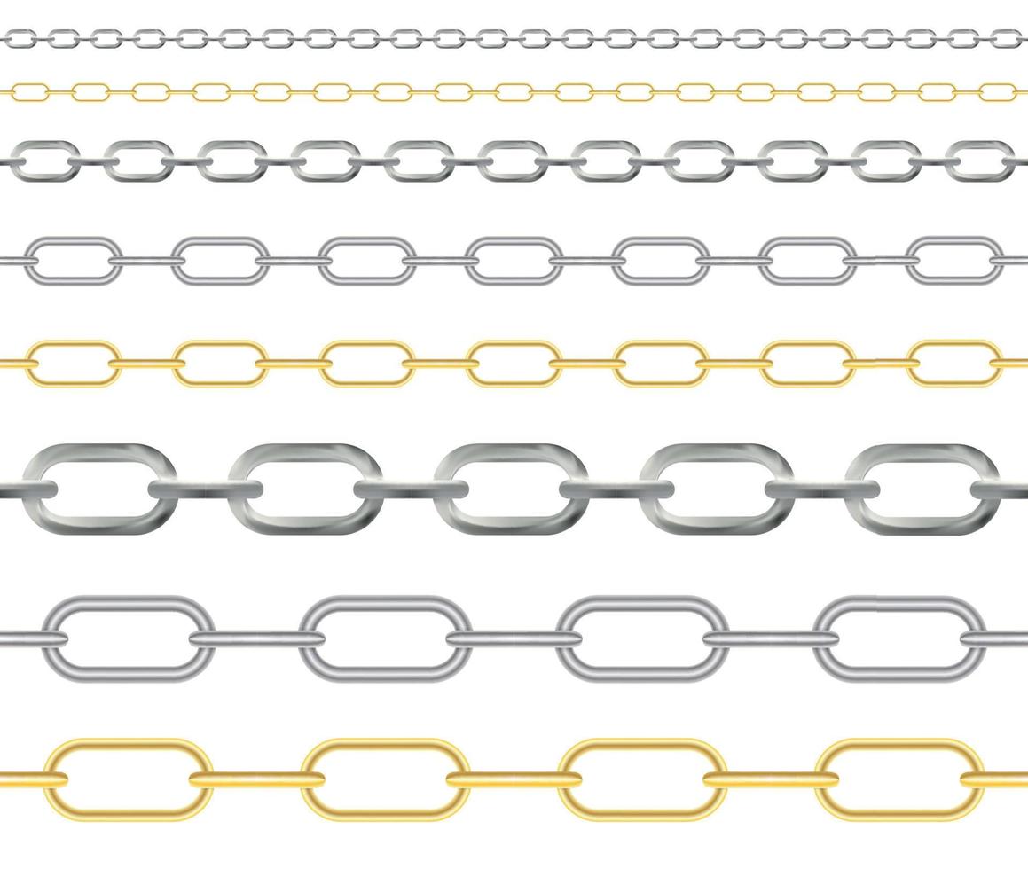 naturalistisk 3d-uppsättning av kedja av guld, silver och stålfärg. vektor illustration