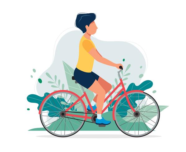 Glücklicher Mann mit einem Fahrrad im Park. Vector Illustration in der flachen Art, Konzeptillustration für gesunden Lebensstil, den Sport und trainieren.