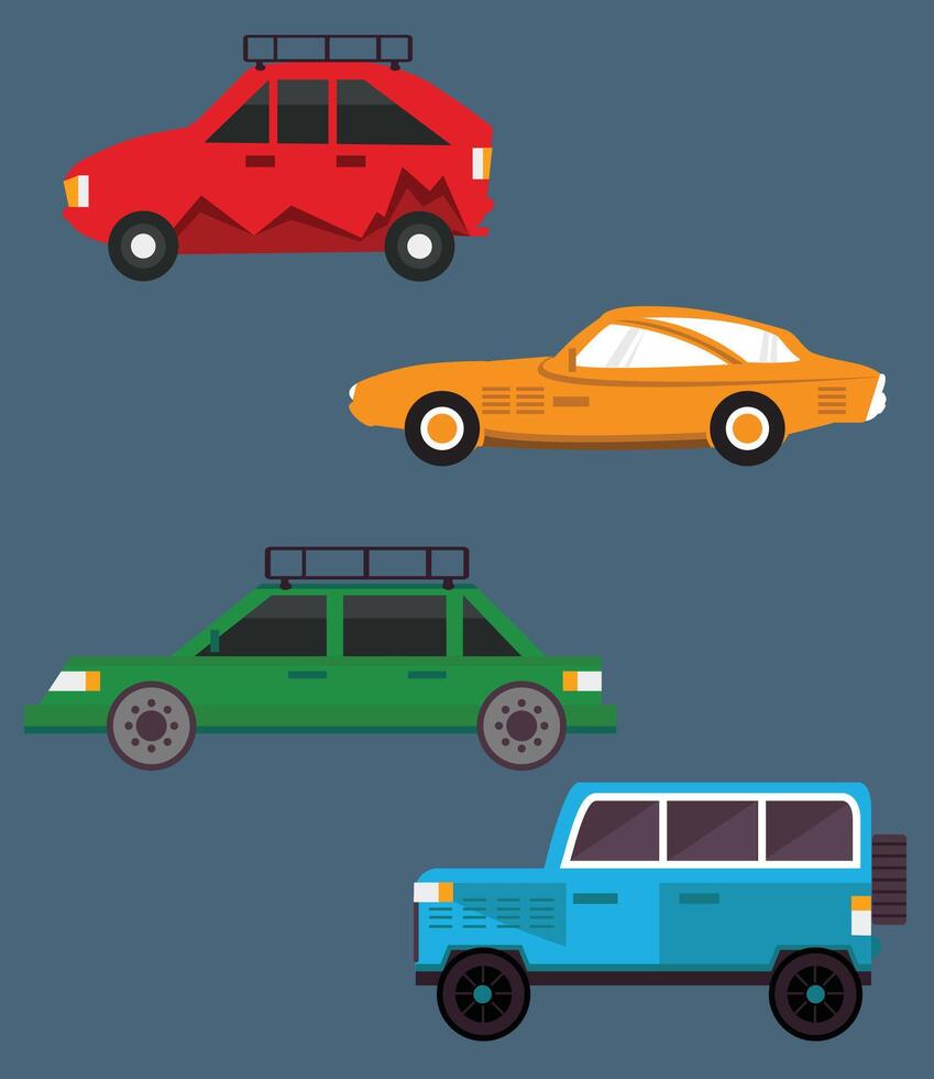 olika bilar eller fordon sedaner, suvs, pickuper, kupéer, halvkombi, retro bilar. hand dragen trendig illustration. varje bil är isolerat vektor