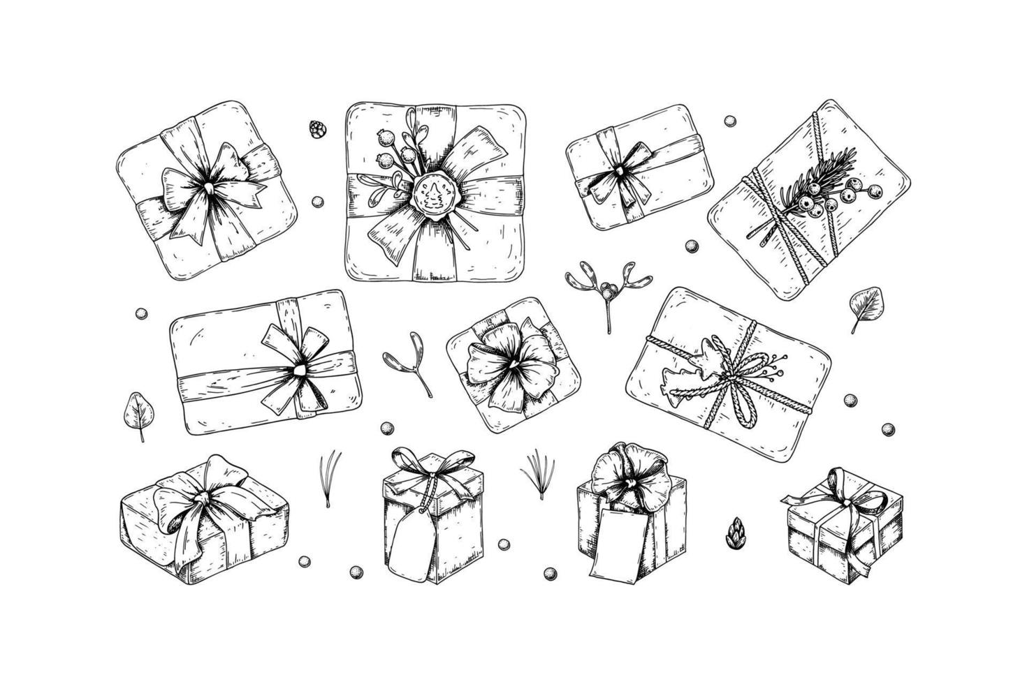 Satz von handgezeichneten Luxus-Geschenkboxen. Ansicht von oben. Vektor-Illustration im Stil einer Skizze auf weißem Hintergrund vektor