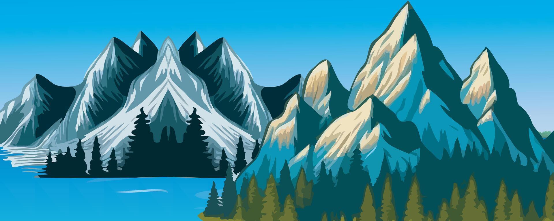 stor flod med berg och blå himmel för tecknad serie vektor