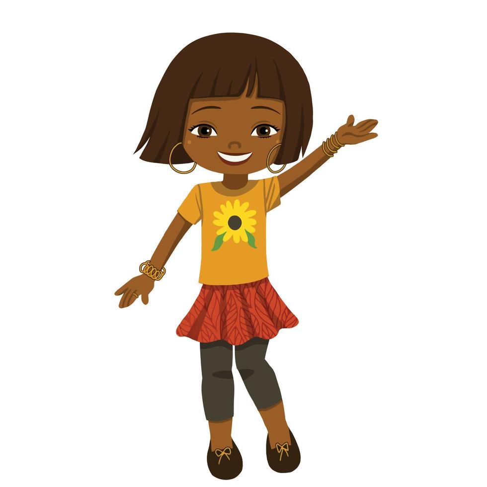 glad charmig liten afrikansk amerikansk flicka med blomma skjorta vektor