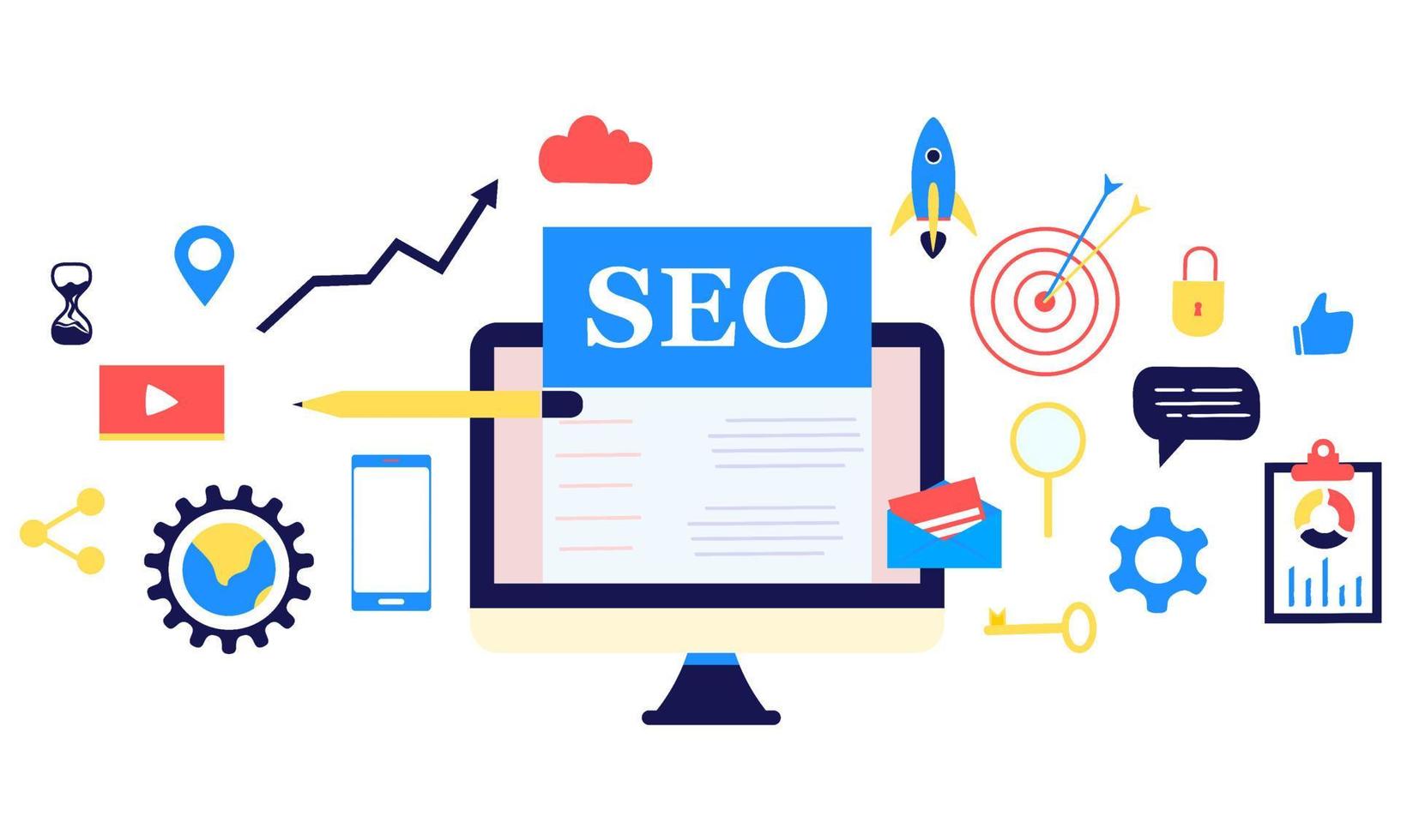 Zielseite der SEO-Suchmaschinenoptimierung modernes flaches Design isometrische Vorlage. Konzeptionelle SEO-Analyse und -Optimierung, SEO-Strategien und Marketingkonzept-Vektorillustration für die Website. vektor