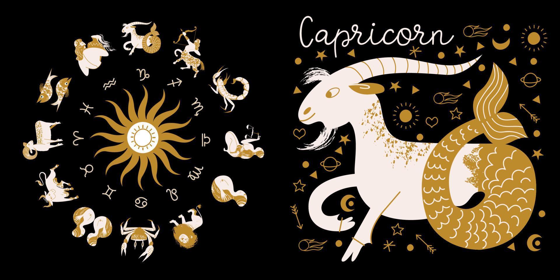 Sternzeichen Steinbock. Horoskop und Astrologie. volles Horoskop im Kreis. Horoskop-Rad-Tierkreis mit zwölf Zeichen Vektor. vektor