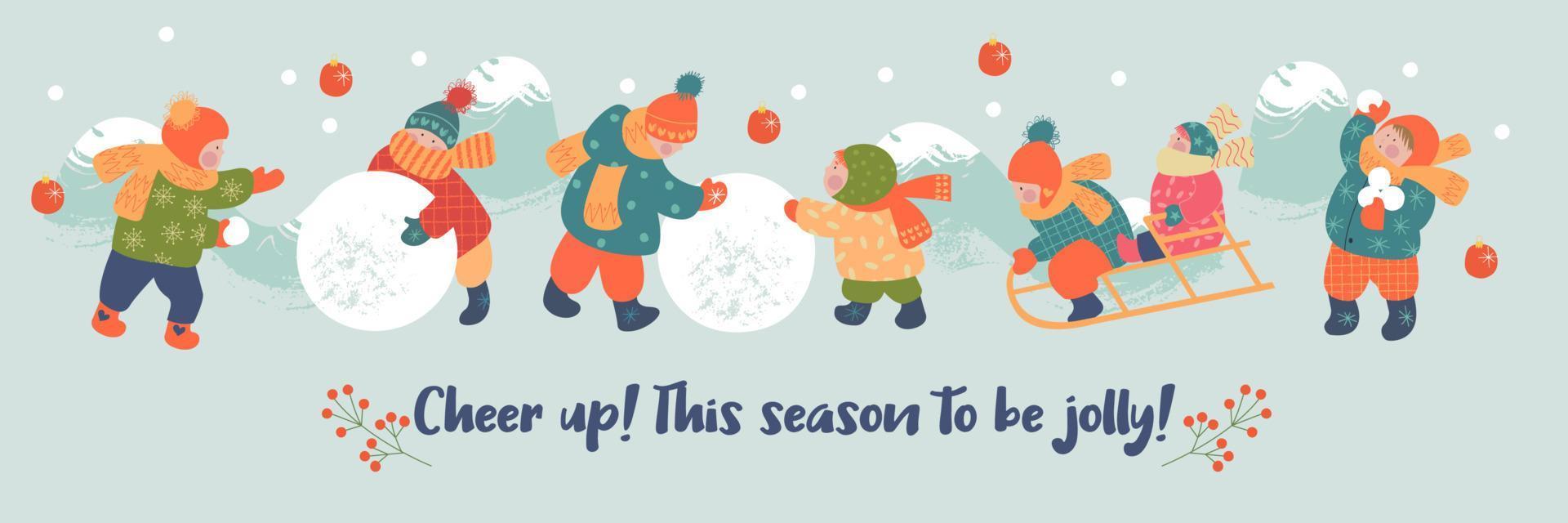 Wintersaison Hintergrund Kinder Charaktere. flache Vektorillustration. Winteraktivitäten im Freien. Kinder haben Spaß. vektor