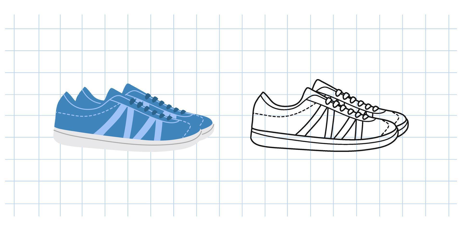 klassisch j2k, 90er Jahre und 2000er ästhetisch. eben und Gliederung Stil retro Turnschuhe, Turnschuhe, Sport Schuhe, Jahrgang Element. handgemalt Illustration auf Hintergrund von kariert Notizbuch Blatt. vektor