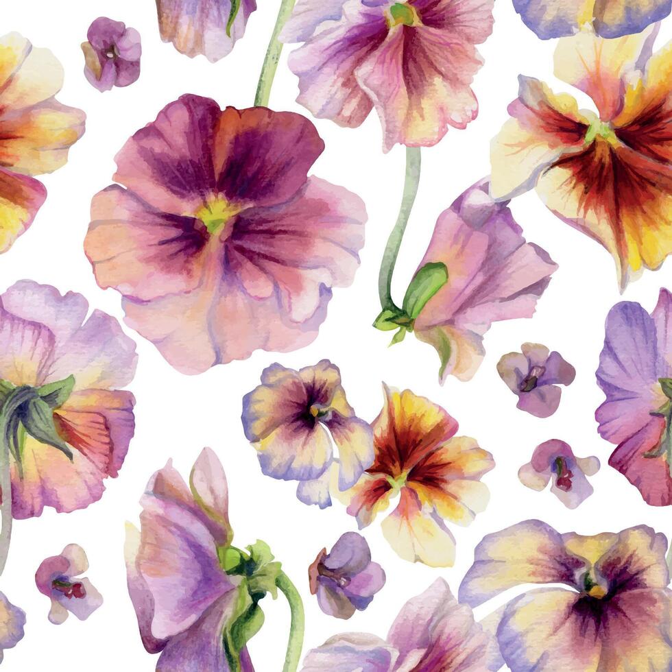 Hand gezeichnet Aquarell Illustration schäbig Boho botanisch Blumen Blätter. bunt Stiefmütterchen Viola Impatiens panola, nahtlos Muster isoliert auf Weiß Hintergrund. Design Hochzeit, Liebe Karten, Geschenk Papier vektor